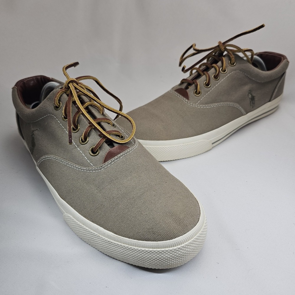 Polo Ralph Lauren Vaughn Canvas Sneakers Men's 11.5D Beige Brown Leather Lace Up